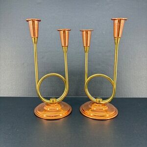 Coppercraft‎ Guild Candle Holders Pair Brass Copper Horn Taper Mid Century MCM